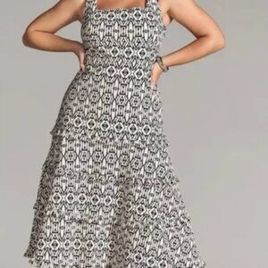 Anthropologie Blythe Black and White A-Line Midi Dress square neck tiered size M
